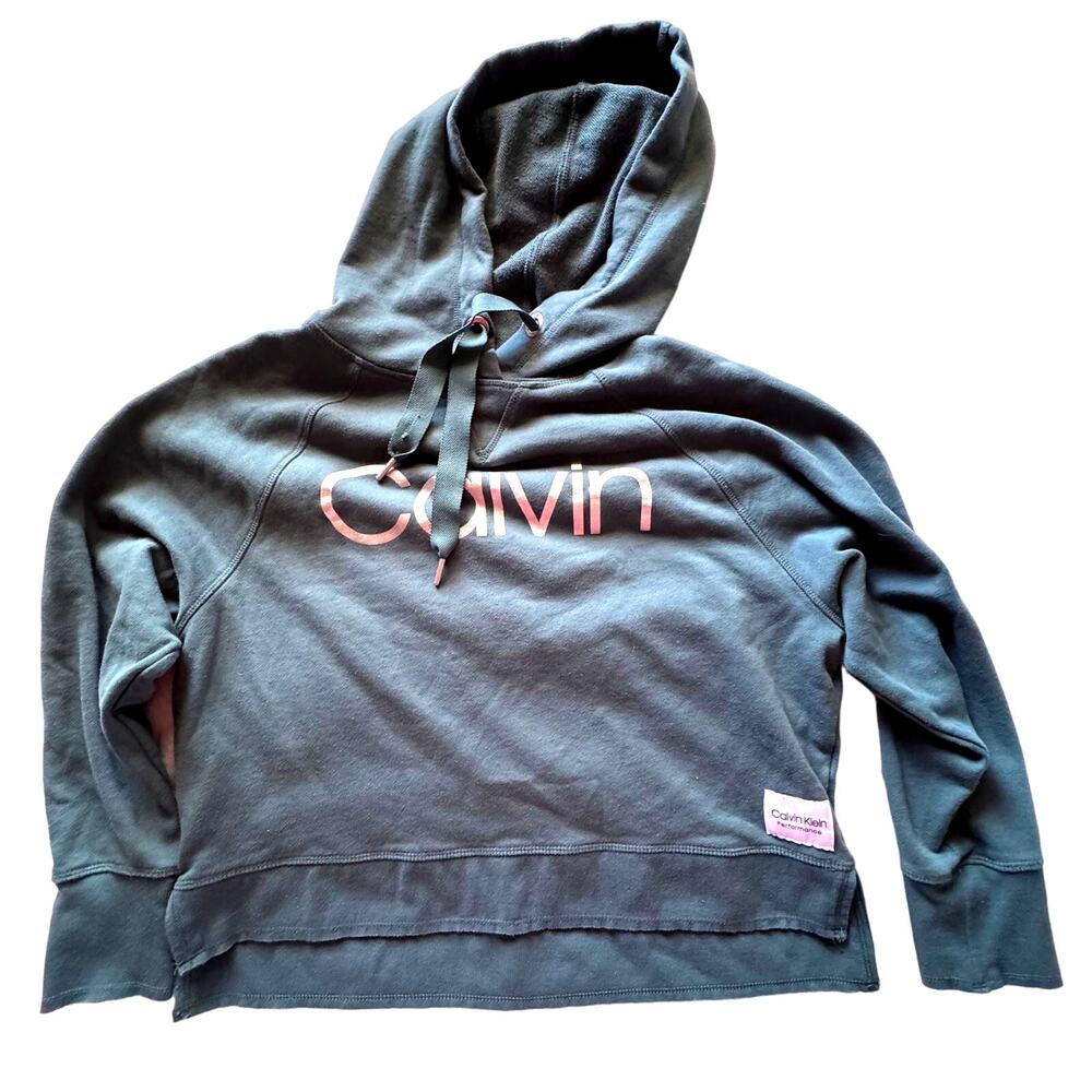 Calvin Klein Performance Fashion Crop Hoodie in Green Gold Lettering Women's M